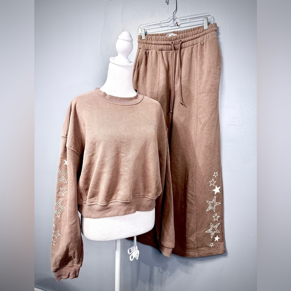 #5) Celebrity Pink Beige Lounge Set with wide leg and Crop Top